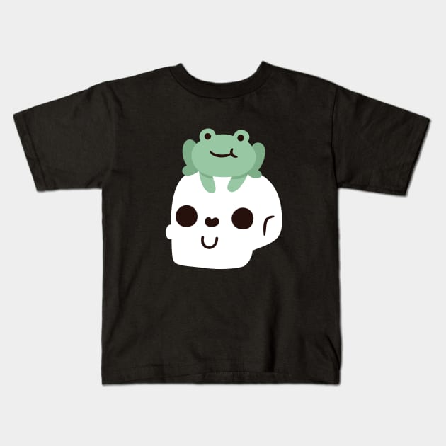 Cute Frog On Happy Skull Skeleton Kids T-Shirt by rustydoodle